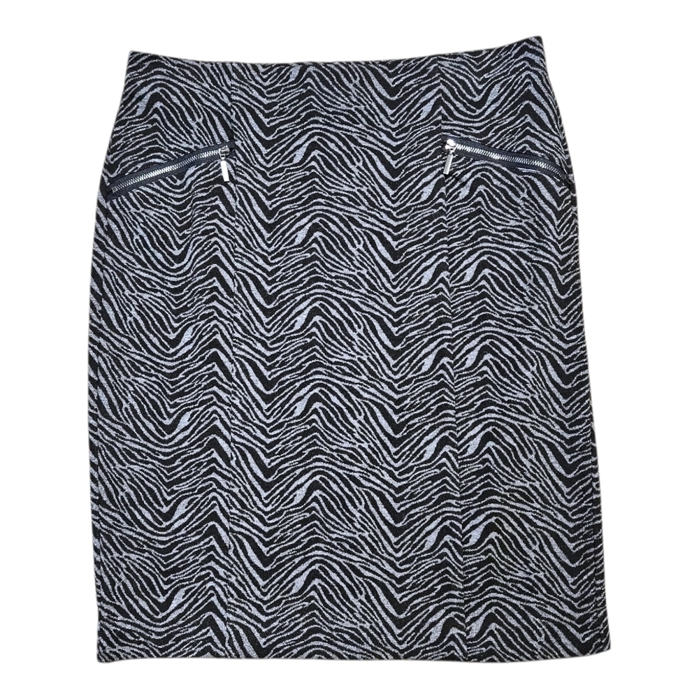 Wmns Zebra Print Knit Skirt Sz 8 Y2K Gray Black Stretch Zip Pockets Mob Wife